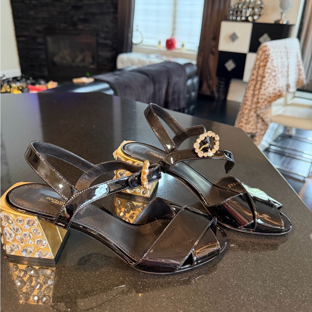Dolce & Gabbana Black and Gold Sandals with Crystal Accents